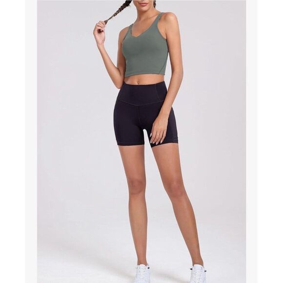 Oalka Shorts Solid Black Side Pockets High Waist Workout 4” Nylon Spandex Medium - Picture 5 of 8